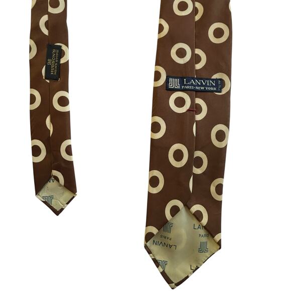 Vintage Mod Silk Tie Lanvin Paris Brown Beige Geometric Retro - Picture 2 of 3